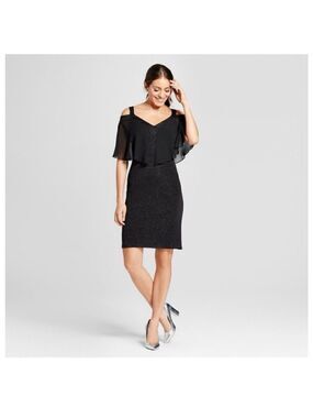 Chiasso Black Glitter Bodycon Cold Shoulder Dress XL Sheer Overlay
